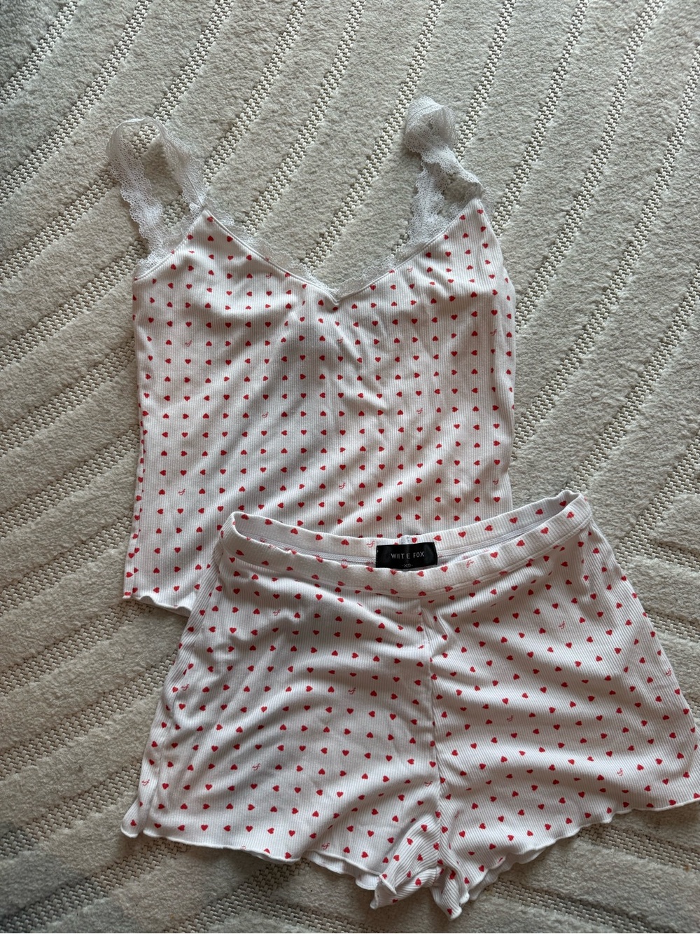 White Fox Boutique White & Red Heart Lace-Trim Pajama Tank and Shorts Set